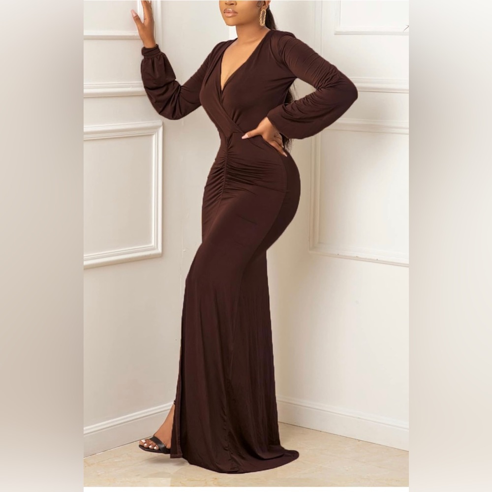 Women’s Elegant Ruched Maxi Dress V Neck Lantern Long Sleeve Split Fitted Cockta